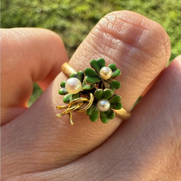 Rare!! Antique solid 10k  pin conversion  4 leaf clover genuine seed pearl ring - Picture 5 of 16